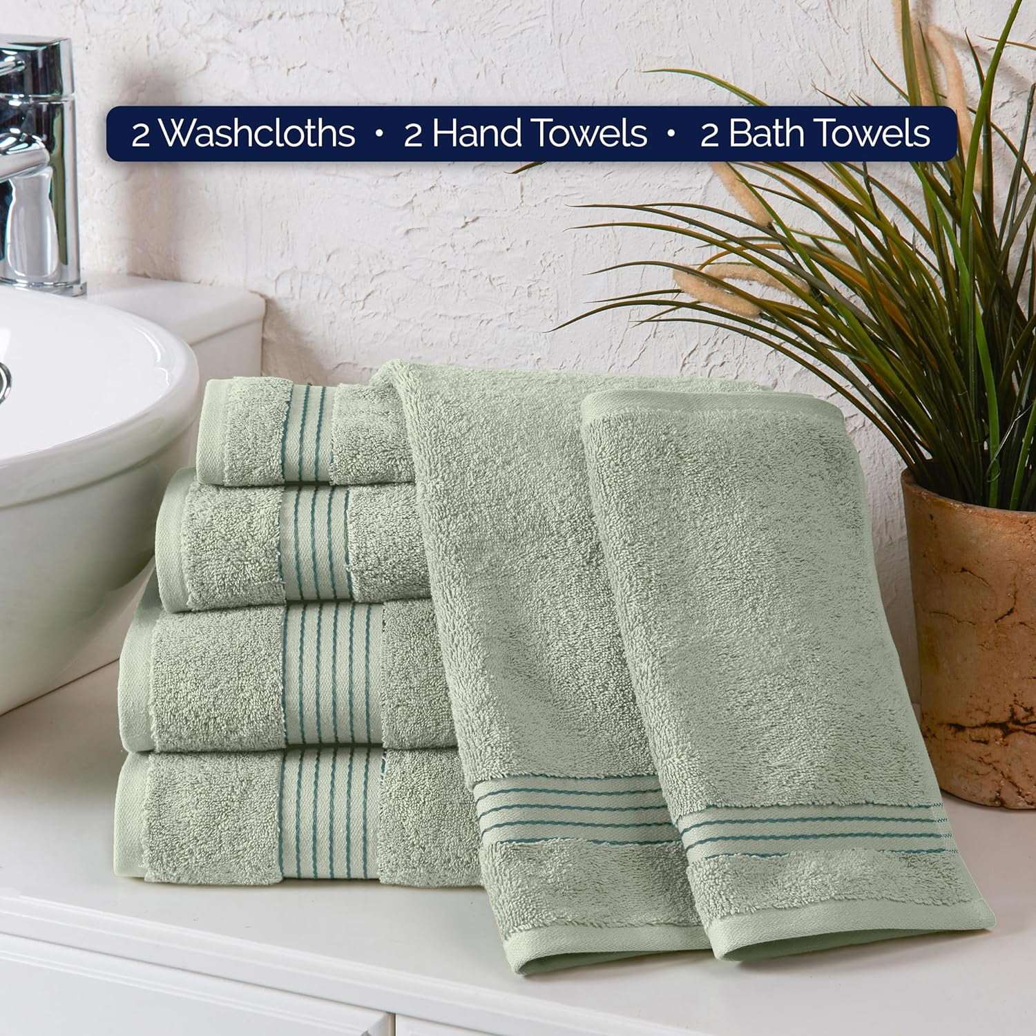 Elegant Comfort Solid Print 100% Turkish Cotton Towels & Washcloths, Mint Green, 6 Count