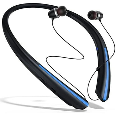 Retractable Bluetooth Neckband Headphones - Wireless Headset with High Volume Earbuds, Sweatproof Design, Vibrate Alert, and Mic - Compatible with iPhone, iPad, Samsung, Android (BL-Blue)