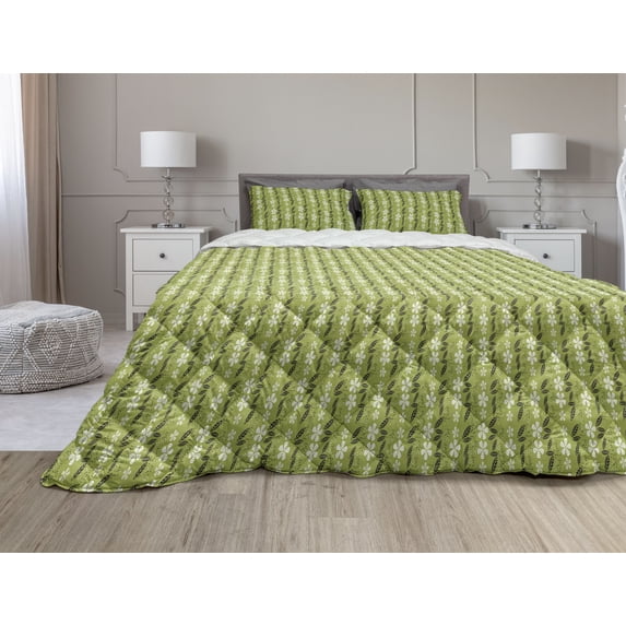 Nature Art Comforter & Sham Bedding Set, Growth Season Leaves and Flowers Motif Flourishing Blossoms Nature, 3 pcs Duvet Set Microfiber Filling Quilt, 5 Sizes, Apple Green Black White, by Ambesonne