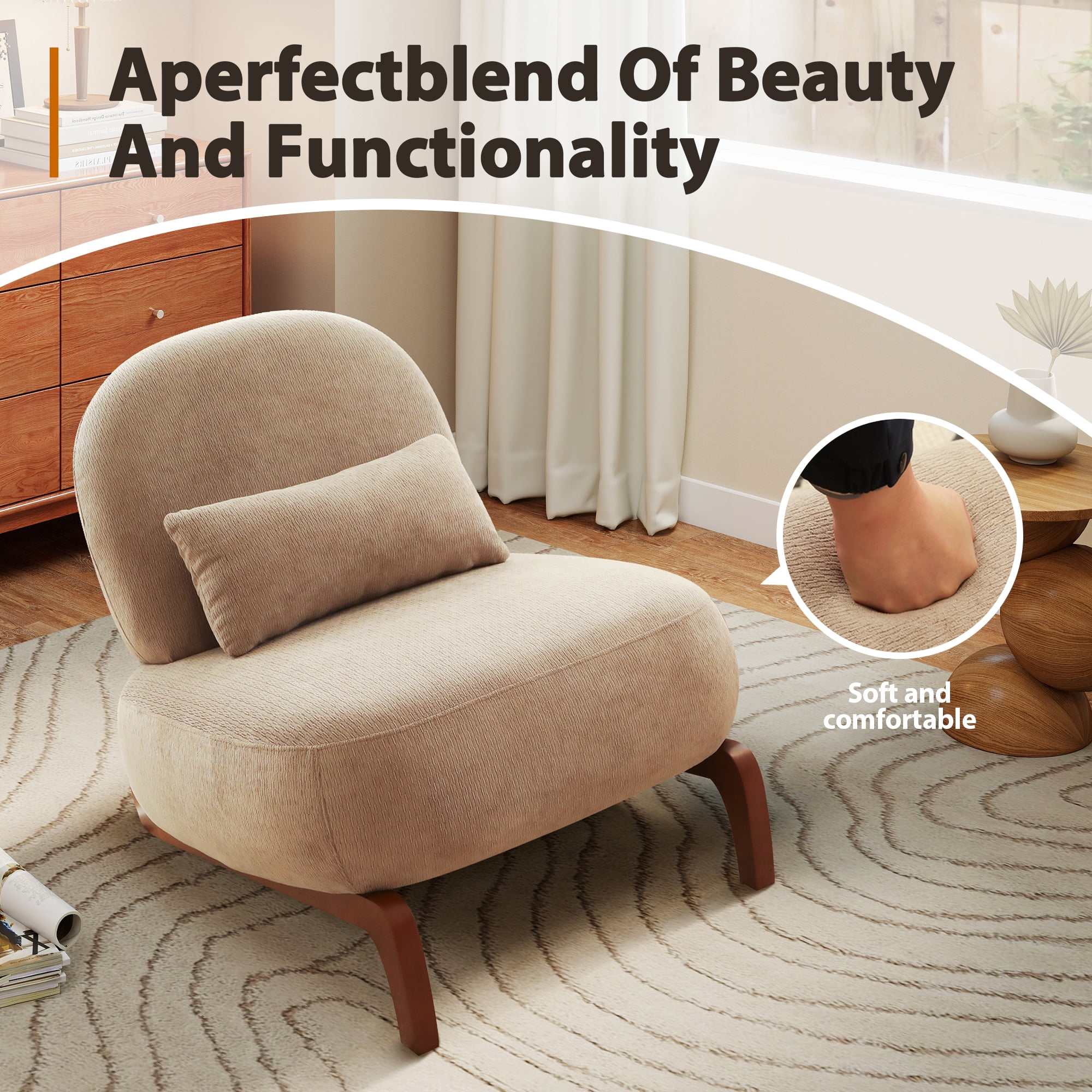 Aukfa Velvet Accent Chair with Solid Wood Legs, Armless Living Room Chair with Soft Cushion, Modern Reading Chair for Living Room & Bedroom,Camel