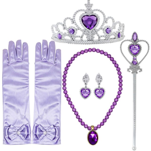 Accesorios de vestir de princesa, 5 piezas, corona de princesa, cetro, collar, pendientes, guantes