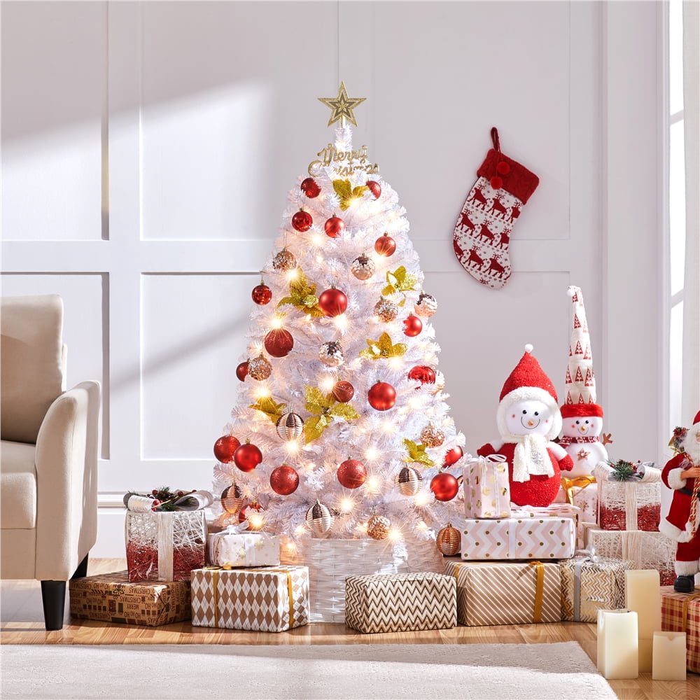 Alden Design 4.5ft Pre-lit Flocked Artificial Christmas Tree with Foldable Stand, White