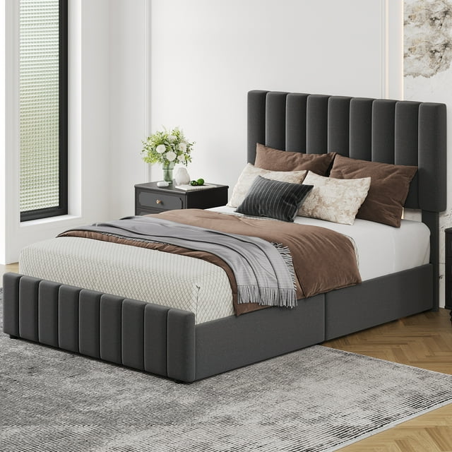 Cadre de Lit Double, Lit Plateforme Rembourré Matelassé en Lin avec Tête de Lit Réglable et 4 Tiroirs de Rangement, Lattes en Bois Robustes