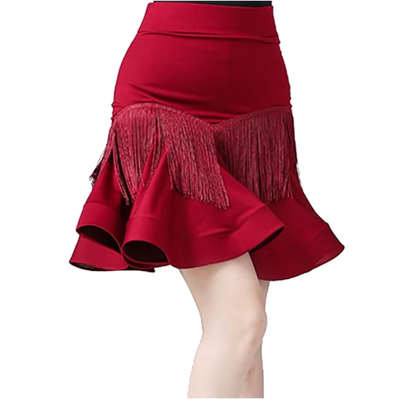 Ladies Ruffle Tassel Flare Latin Cha-Cha Foxtrot Jive Lindy Hop Salsa Dance Practice Competion Skirts Wear with Crinoline Burgundy