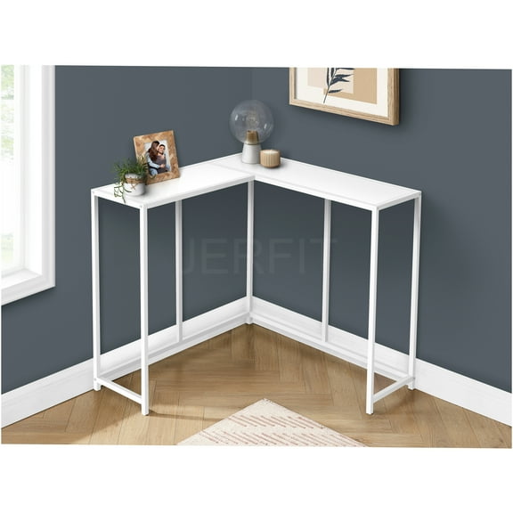 JERFIT Modern Corner Console Table with Metal Frame, White L-Shaped End Table for Living Room, Entryway, Bedroom or Office