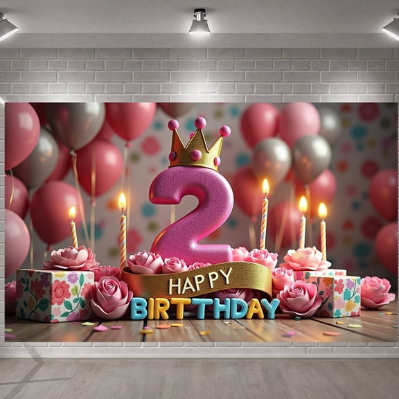 Pink Glitter Banner Gold Crown 2nd Birthday Display Number 2 Design Pastel Balloons Princess Backdrop for 2nd Birthday Party Girls' Celebration Photo Shoot Prop