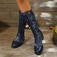 thumbnail image 2 of Vintage Embroidered Mid Calf Combat Boots for Women 2025 Retro Leather Low Heel Knee High Tall Dress Boots Blue Size 8.5, 2 of 7