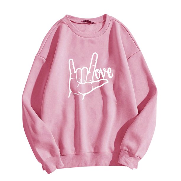 Gibobby Sudadera con forro polar Mujer Mujer Día de San Valentín AMOR Gesto Impreso Top Cuello Redondo Manga Larga Sudadera Casual (Rosa, XL)