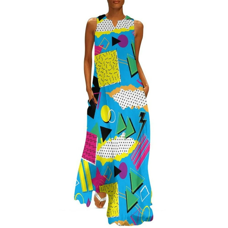 Color Vintage Geometric Dress Memphis Style 80s Vintage Maxi Dress  Aesthetic Boho Beach Long Dresses Design Oversize Vestidos