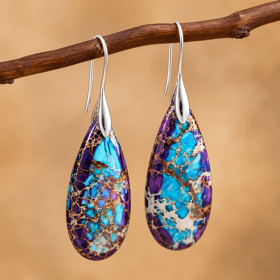 Natural Imperial Jasper Teardrop Dangle Earrings Sea Sediment Stone Drop Earrings Silver Hook Bohemian Gemstone Pendant Earrings for Women Fashion Jewelry Gift Casual Boho Accessories