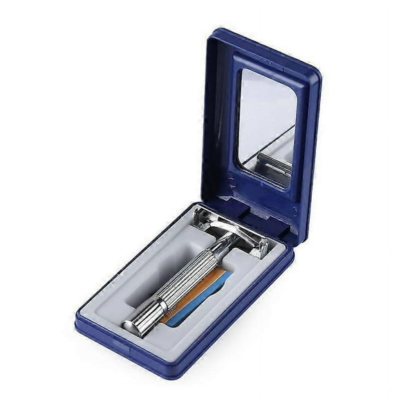 "1Set Double Edge Beard Hair Shaving Men's Traditional Classic Beard Razor Shaver Stainless Steel Safety Mens Trimmer Blades+Box Silver Fabric Shavers"