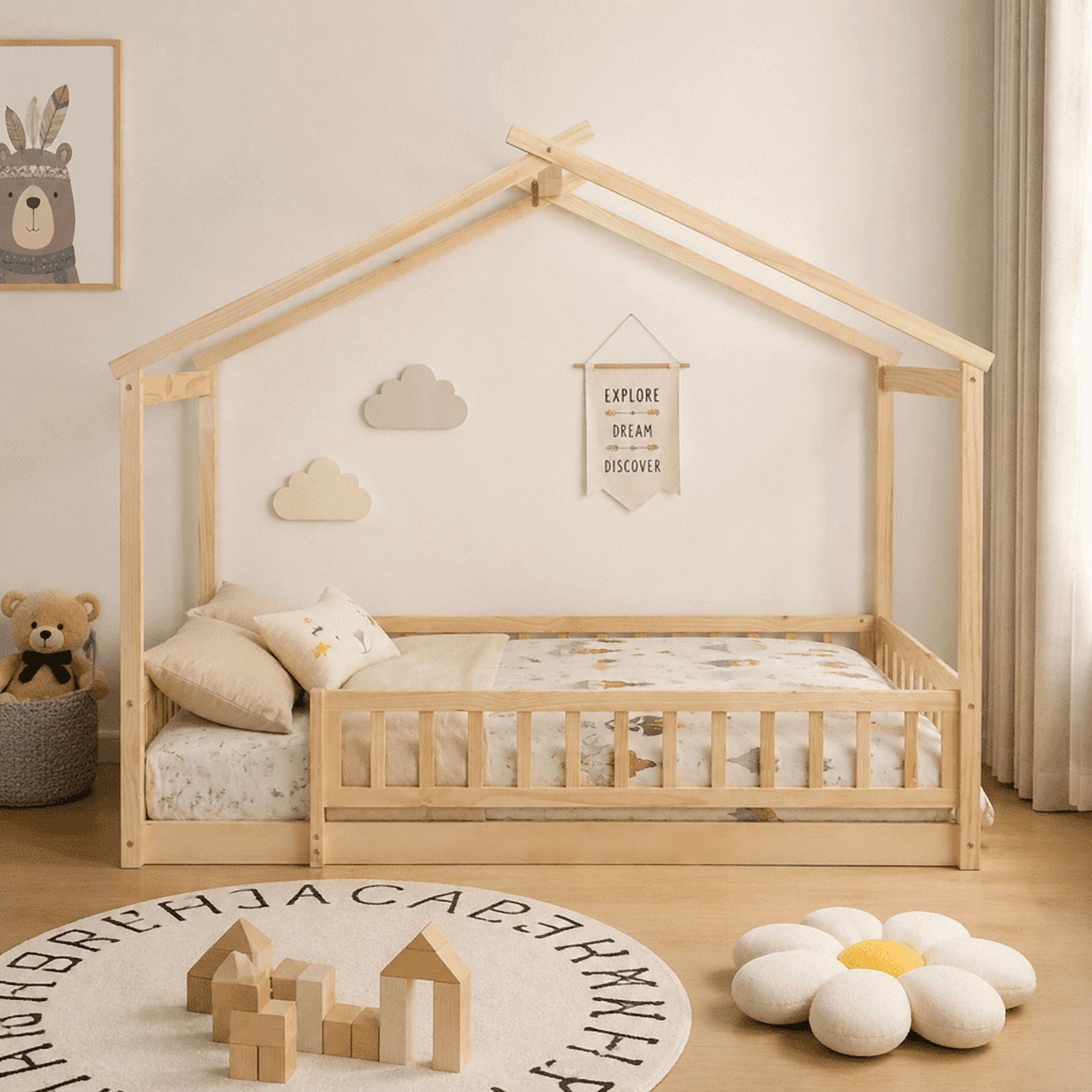 Twin Size Wood House Bed Floor Bed with Fence and Guardrails, Kids Playhouse Bed Toddler Bed Montessori Bed for Kids Boys Girls, No Box Spring Needed