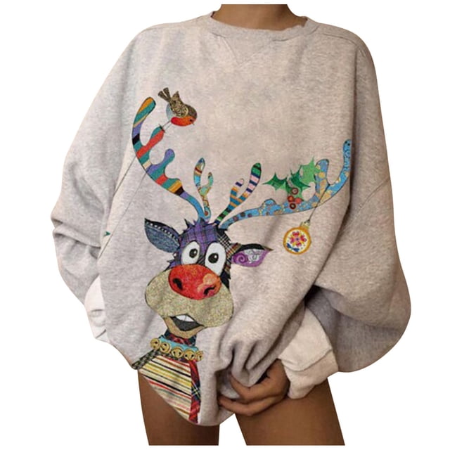 Blusa de manga larga con estampado de cuello redondo informal para mujer de Navidad Pompotops gfhjh8273
