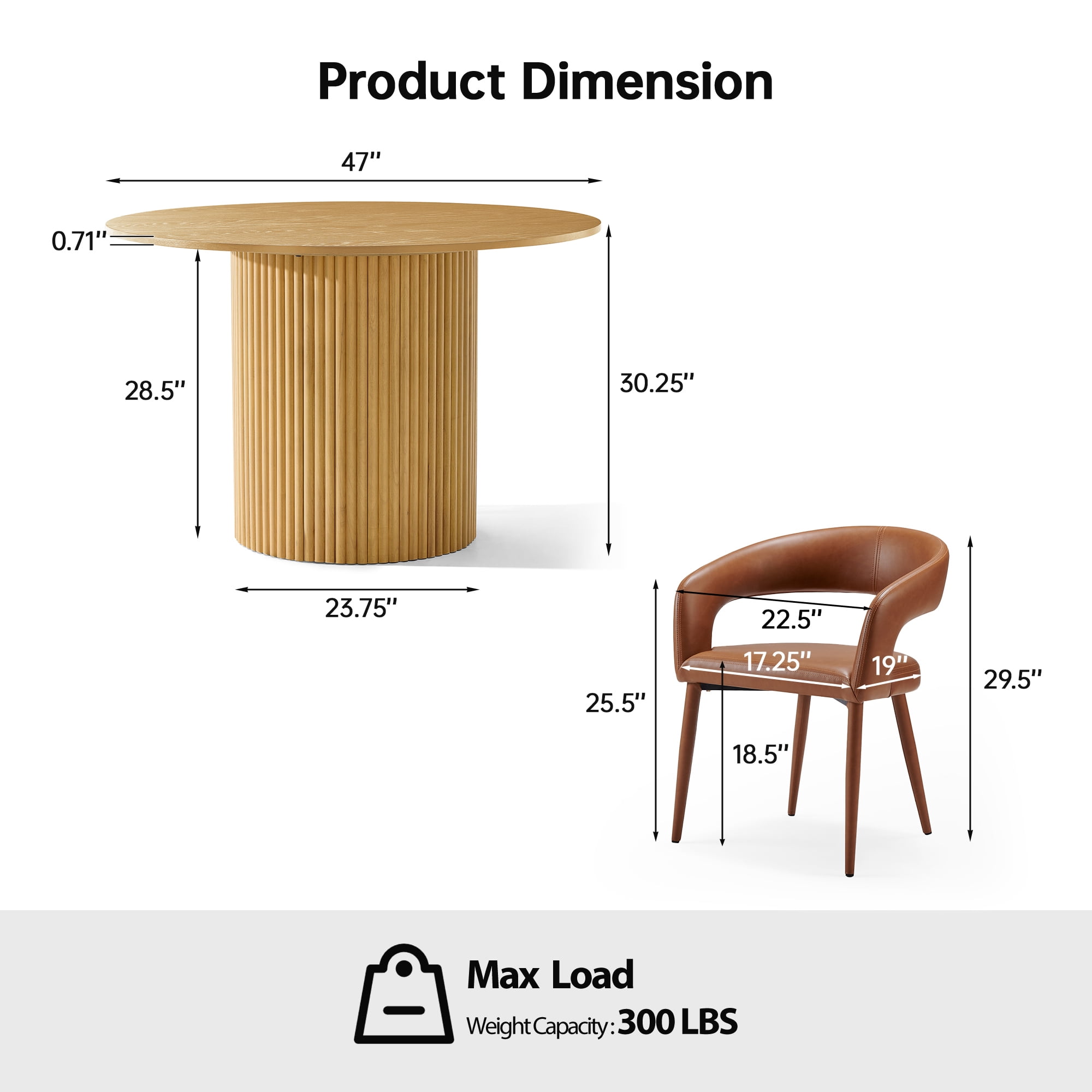 Morden Fort Dining Table Set for 4, 47" Round Kitchen Table and Leather Upholstered Chairs of 4, Fluted Wood Table Set with Pedestal Base for Apartment, Dining Room