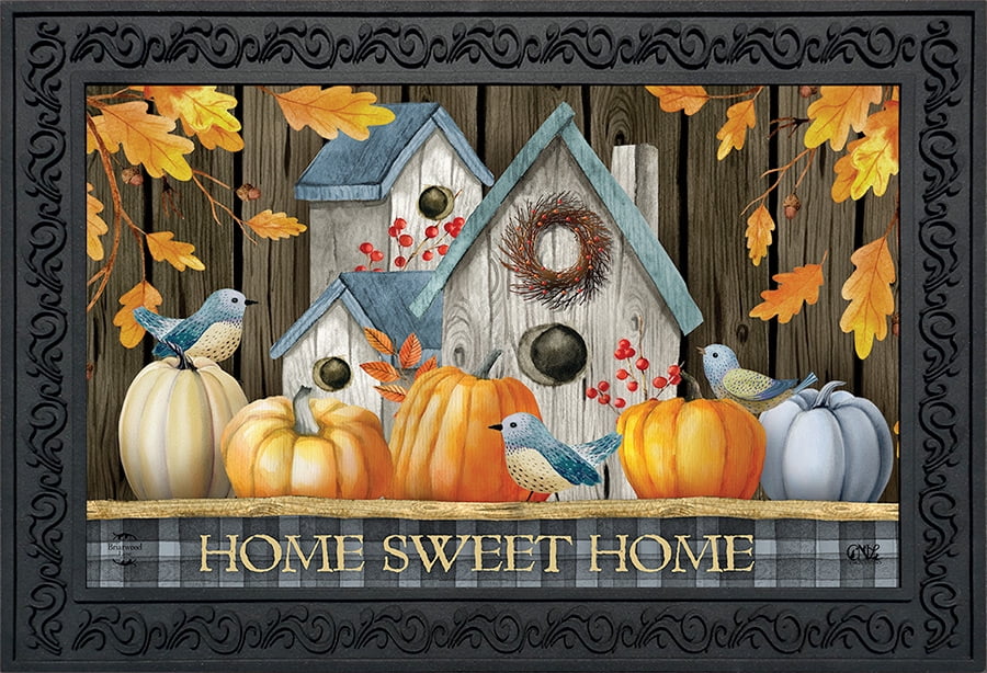 Rustic Fall Birdhouses Welcome Doormat Bluebirds Pumpkins Indoor Outdoor 18'x30'
