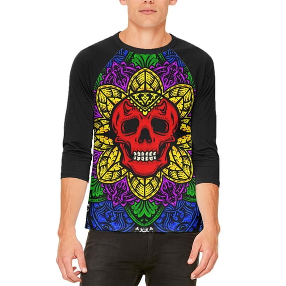 Halloween Demon Skull Mandala Mens Raglan T Shirt White-Black X-LG