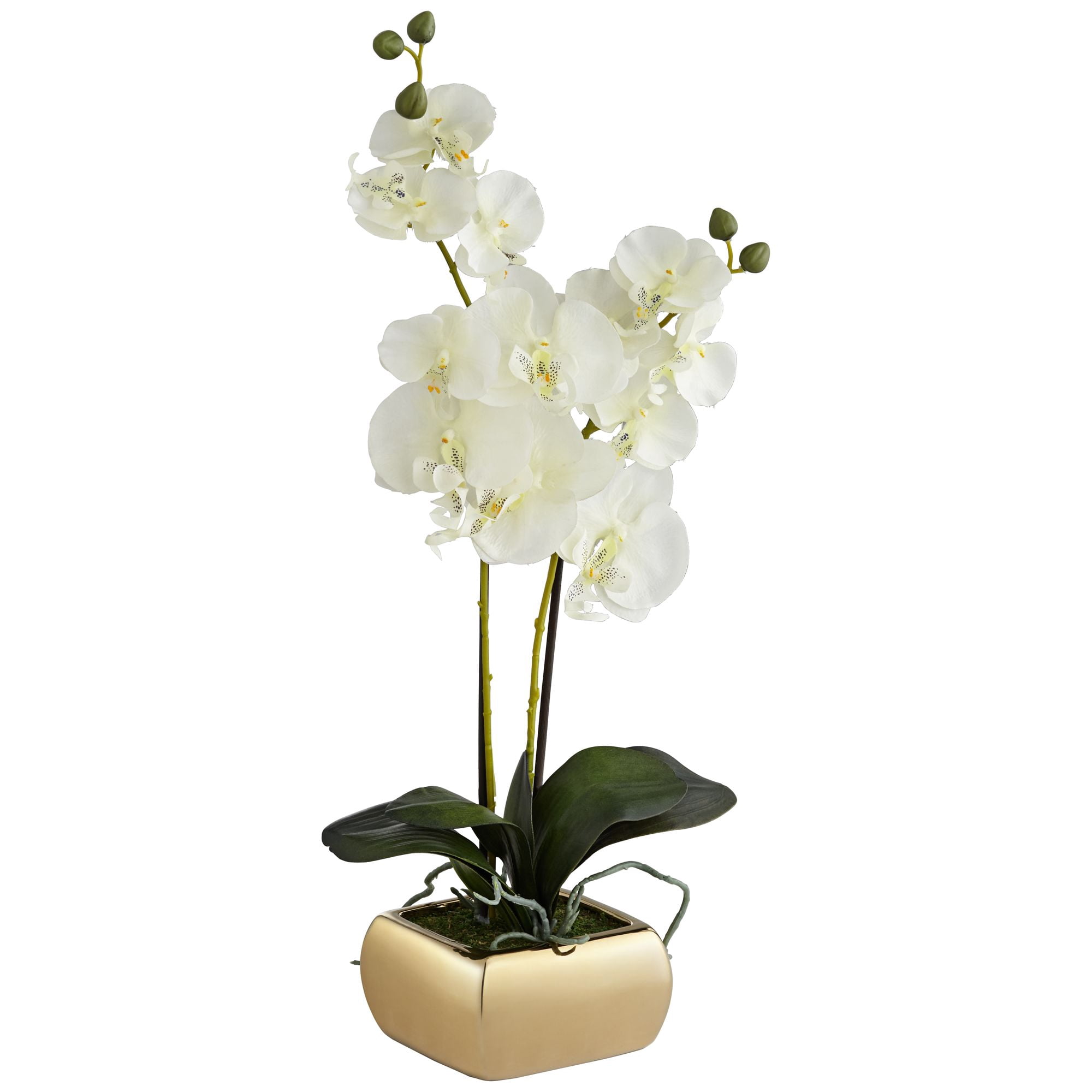 Dahlia Studios Potted Faux Artificial Flowers Realistic White Orchid Greenery in Gold Ceramic Pot for Home Decoration 22" High