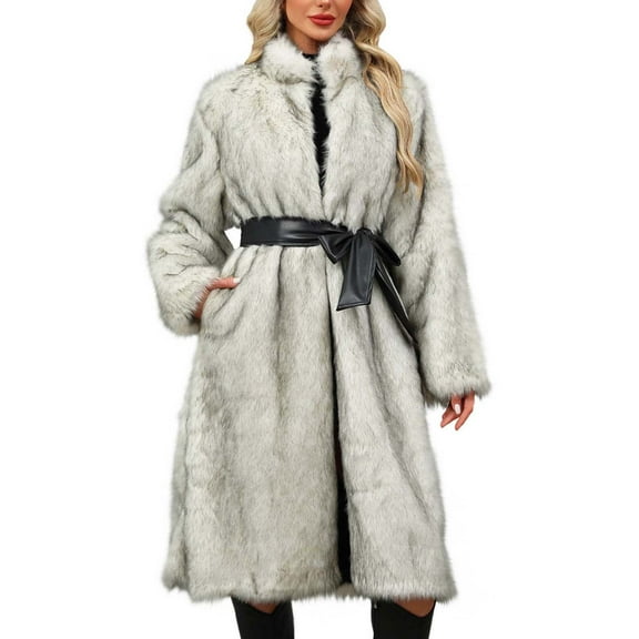 Womens Long Faux Fur Coats Long Sleeve Stand Collar Outerwear Fuzzy Winter Jacket With Belt Gray L