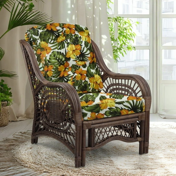 Malibu Lounge Armchair ECO Natural Rattan Wicker Handmade Design with Floral Cushion, Dark Brown
