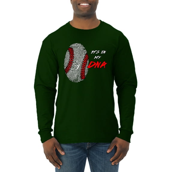Wild Bobby, Baseball Fingerprint It's In My DNA, Sports, Men Long Sleeve Shirt, Forest Green, XX-Large