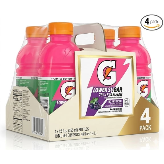 Gatorade Lower Sugar, No Artificials Rain Berry Flavored Electrolyte Sports Drink, 12 fl oz Bottle, (4 pack)
