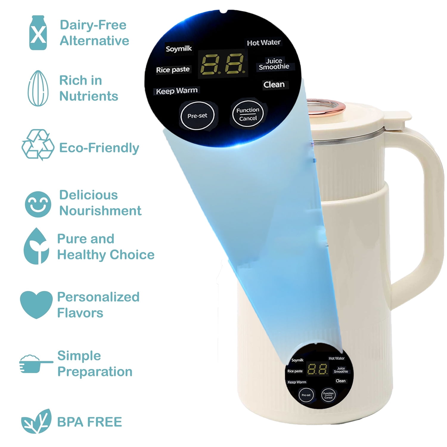 DISHUECO Automatic Nut Milk Maker, 6-in-1 Soy Milk Maker 27oz for Homemade Almond, Oat, Coconut, Soy, Plant-Based Milk and Non-Dairy Beverages, with 12H Timer/Self-Clean/Keep Warm/Boil Water, White