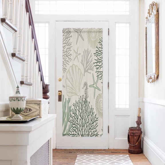 Sage Green Ocean Door Curtains for Door Window, French Sidelight Front Back Door Curtains With Tieback, Coastal Grey Coral Starfish Shell Kitchen Rod Pocket Drapes Panel, 54"x72"