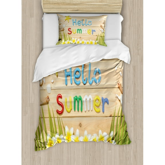 Ambesonne Lifestyle Duvet Cover Set, Flower Starfish Shell, Twin, Sand Brown Green