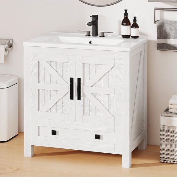 Dextrus 30" Bathroom vanity with Sink Top, Farmhouse Bathroom Storage Cabinet with Drawers, White