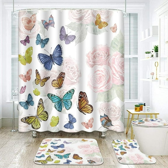 4 Pcs Shower Curtain Set Watercolor Vintage Pink Roses Bird Flower Butterfly Floral Blossom Spring Rustic with Non-Slip Rugs Toilet Lid Cover and Bath Mat Bathroom Decor Set 72 x 72 Inch