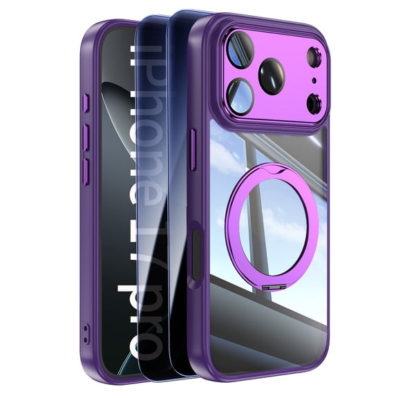 Decase Clear Case for iPhone 17 Pro 2025,Shockproof Rotate Stand Case,Bulit-in Full Lens Protector,Slim Transparent Back Cover,Rugged Phone Case with 2x Privacy Screen Glass Flim,Darkpurple