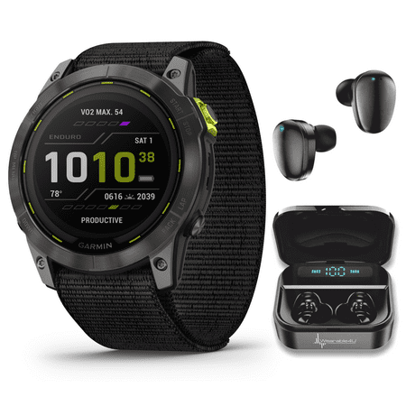 Garmin Enduro 2 Smartwatch, Carbon Gray DLC Titanium with Black Nylon Band, Long-Lasting GPS Battery Life, Solar Charging, Preloaded Maps with Wearable4U Black EarBuds Bundle