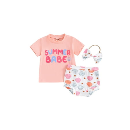 

BABAMOON 3Pcs Infant Baby Girls Summer Outfits Letter Print Short Sleeve T-Shirt with Shell Print Shorts and Heaband Set