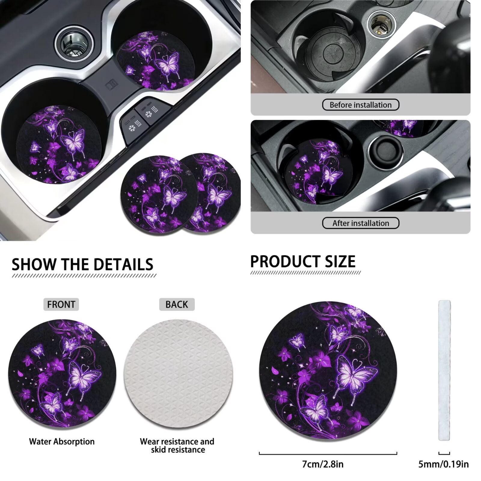 Jeiento 11 Pack Car Seat Covers Full Set for Women Men, Auto Interior Accessories with Keychain Coasters Gear Shift Cover Handbrake Cover Headrest Cover, Purple Butterfly Pattern
