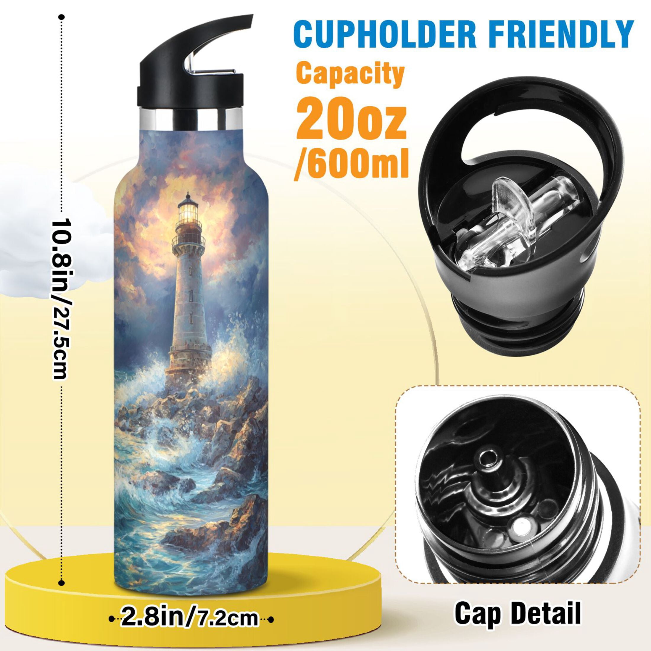 600ML Stainless Steel Insulated Cup Sports Water Bottle Portable Thermos Cup Water Glasses Insulated Tumblers Convenient and Durable Lighthouse at Sea