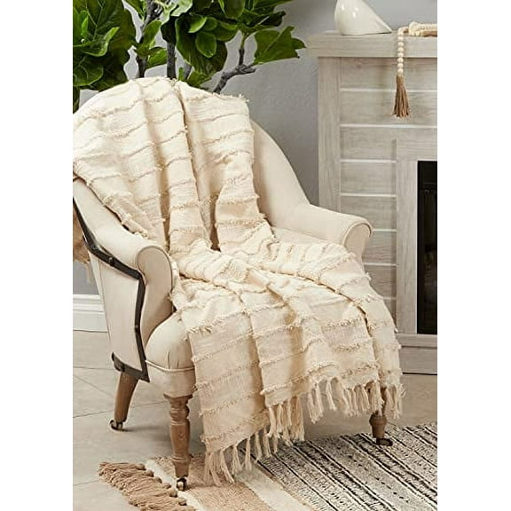 Fennco Styles Boho Fringe Striped Cotton Throw Blanket with Tassel 50" W x 60" L – Natural Blanket for Couch, Bedroom and Living Room Décor