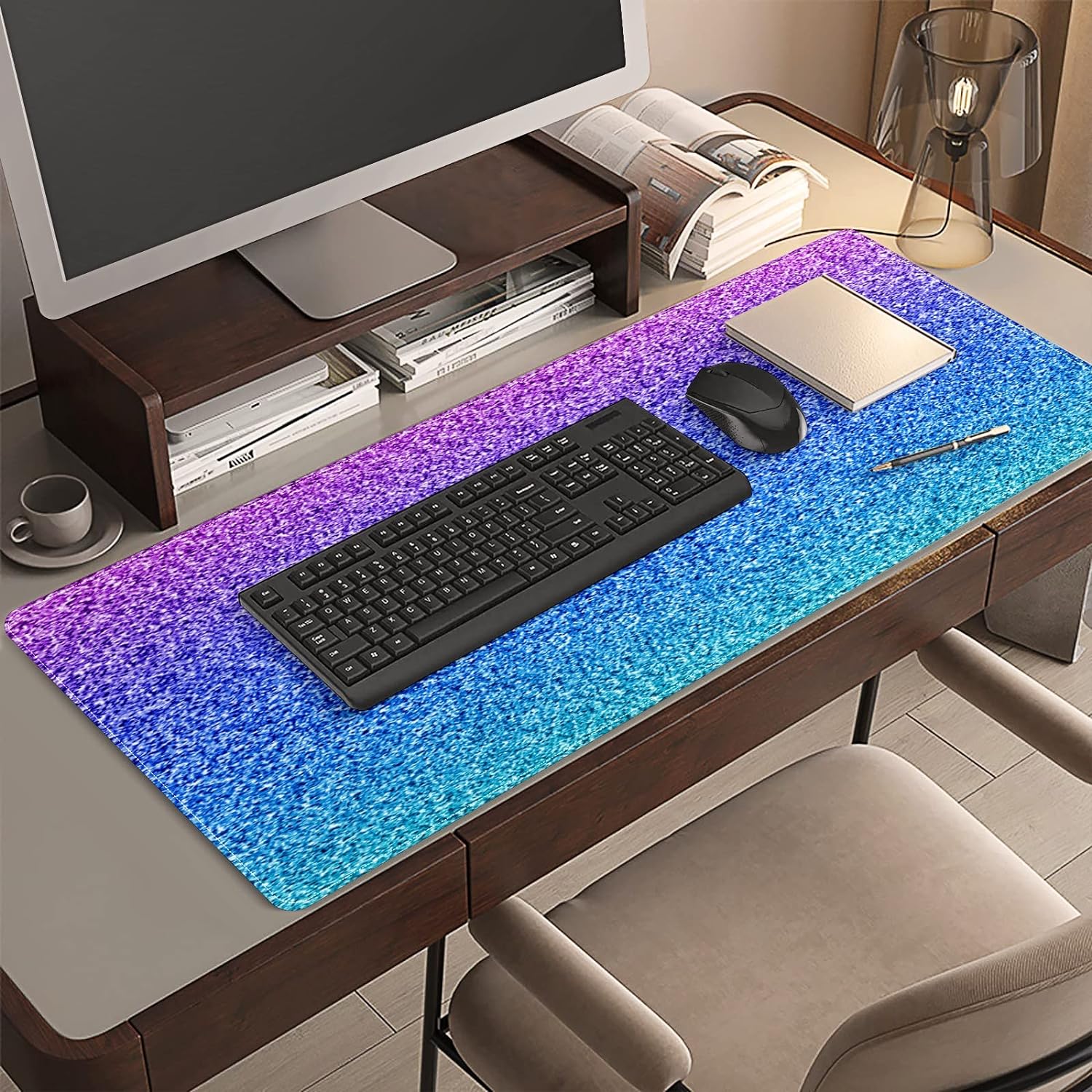 Rainbow Shine Glitter Desk Mat, Desk Accessory, Cute Workspace, Trendy Workspace, Trendy, 35.4x15.7in Large Gaming Mouse Pad, Cute Desk Topper, Pretty Desk Pad