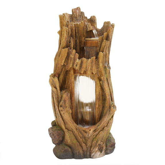 Three-Tier Waterfall Tree Trunk Fountain with LED Lights