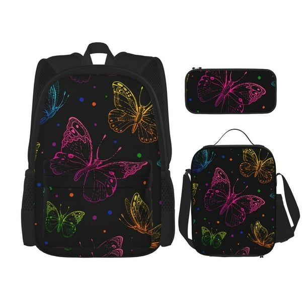 Disketp Butterfly Mochila Estampada de Gran Capacidad con Lonchera y Estuche, Set de 3 Piezas para Estudiantes