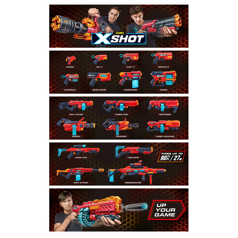  Excel Omega (6 Shooting Targets + 98 Darts) by ZURU, X-Shot Red  Foam Dart Toy Blaster, Automatic Rotating Belt, Slam Fire, Toys for Kids,  Teens, Adults (Red) : Toys & Games