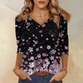 thumbnail image 2 of Women's Floral Print V-Neck Loose Fit 3/4 Sleeve Blouse, Breezy Casual T-Shirt for Spring Gardening or Weekend Errands,Pink S, 2 of 5