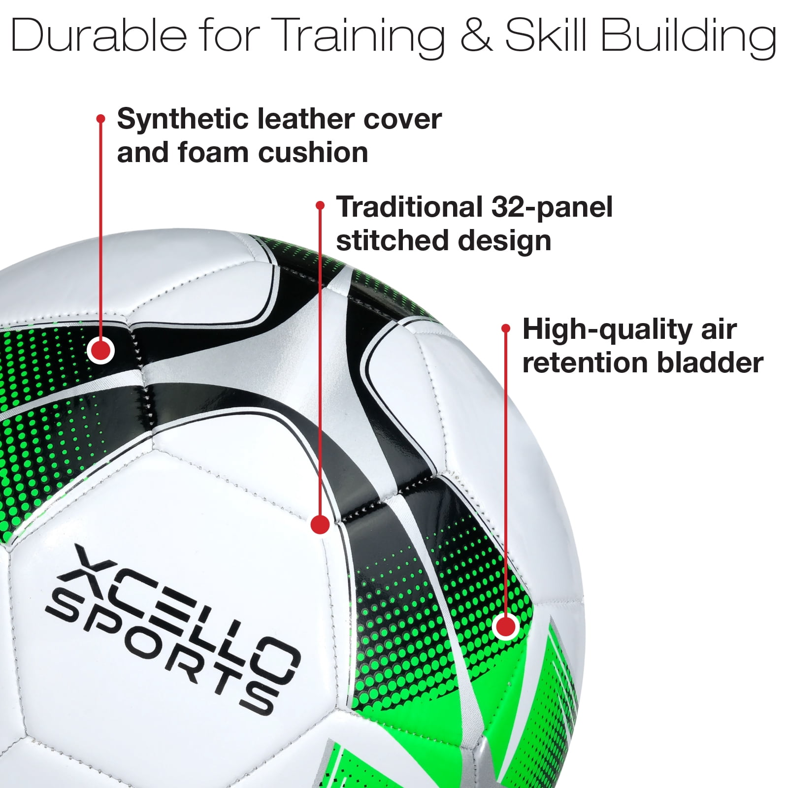 Xcello Sports Soccer Ball (Black/Green/Silver, White/Green/Silver) w/Pump (Size 3, Pack of 12)