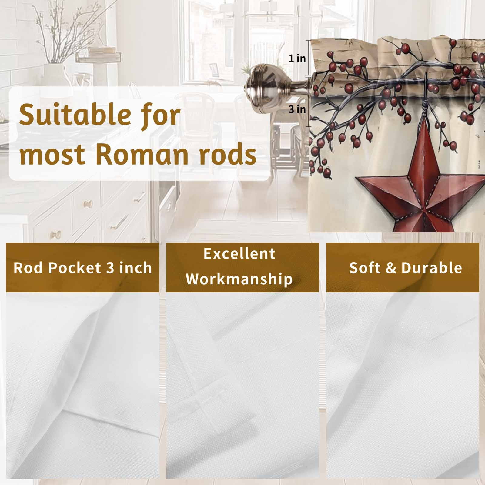 2 Pack Farmhouse American Valance for Window Country Star Berries Vintage Wood Grain Kitchen Valance Rod Pocket Short Curtain Topper Decorative Window Treatment for Living Room Bedroom 60"x18"