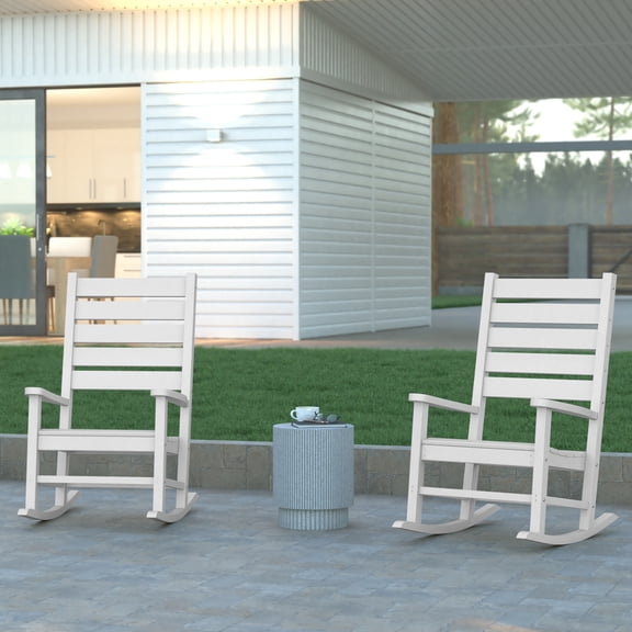 Emma Oliver Set of 2 Contemporary Rocking Chairs, All-Weather HDPE Indoor/Outdoor Rockers in White