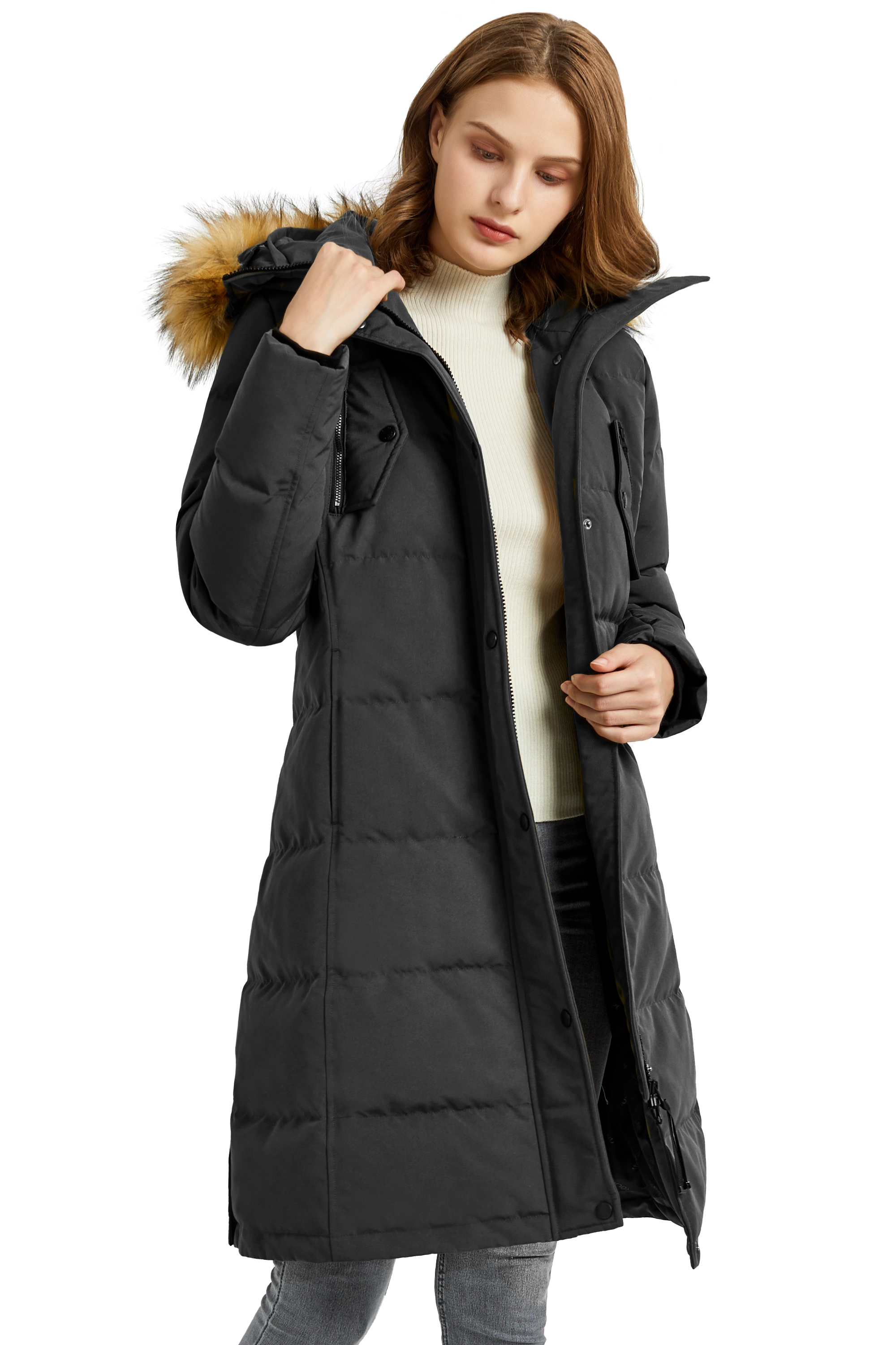 Orolay Women's Down Jacket Winter Long Coat Windproof Puffer Jacket with Fur Hood - image 3 of 5