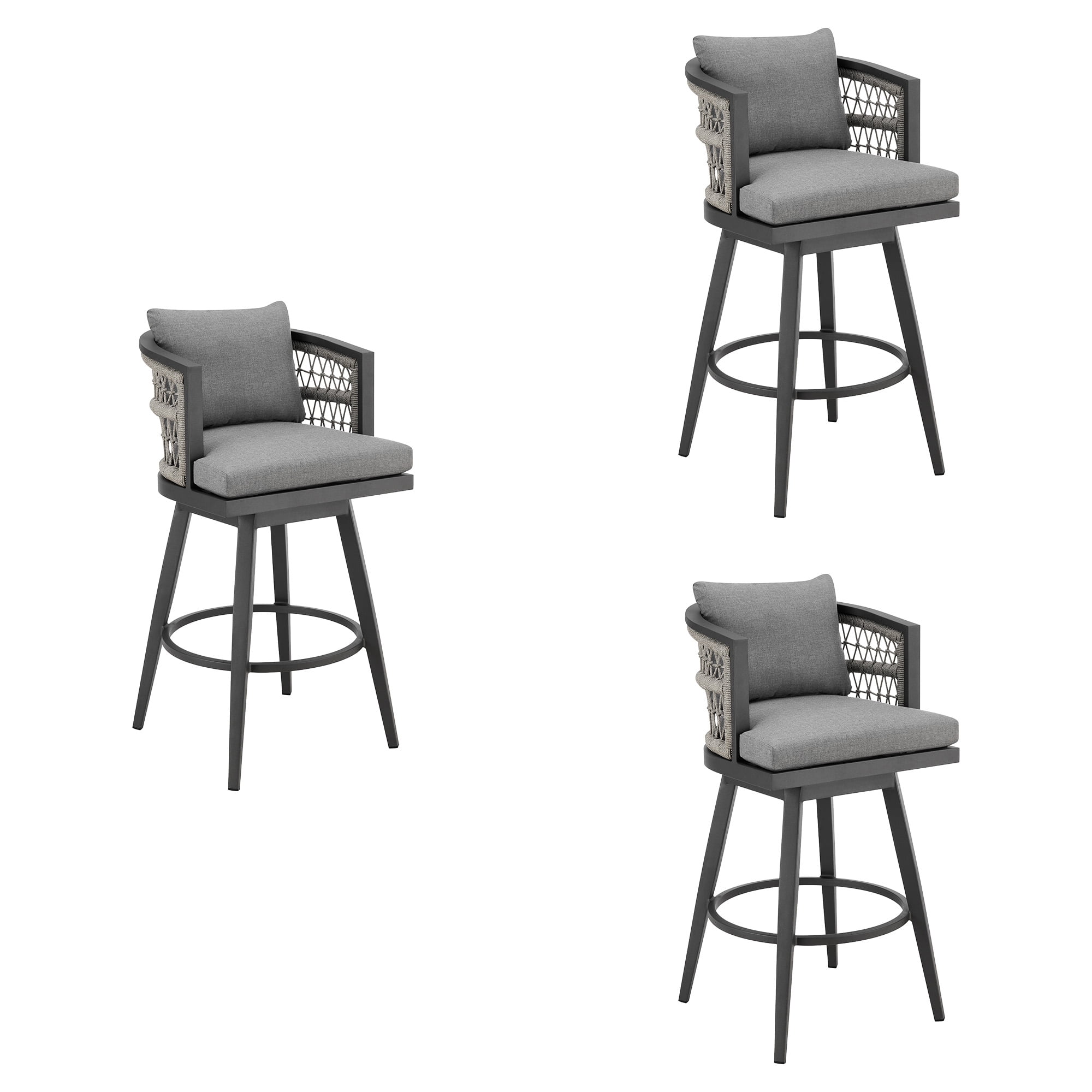 Zella Outdoor Patio Swivel Counter Stool in Aluminum with Light Gray Rope and Earl Gray Cushions - Set of 3