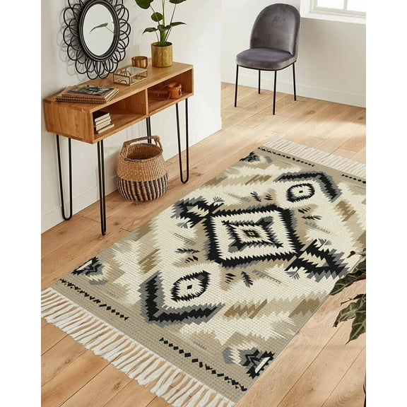 Boho Black Brown Area Rug 3x5ft Woven Runner Rug,Southwestern Geometric Ethnic Retro Washable Living Room Hallway Bedroom Kitchen Carpet with Tassels,Indoor Outdoor Throw Door Mat for Entryway
