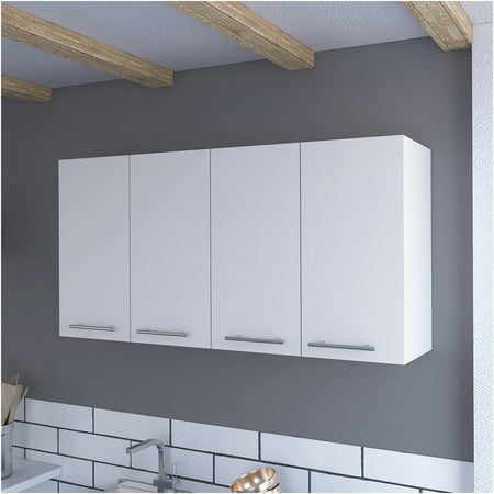 JERFIT 4-Door White Wall Mounted Kitchen Cabinet Particle Board Storage with Adjustable Shelves for Bathroom Living Room