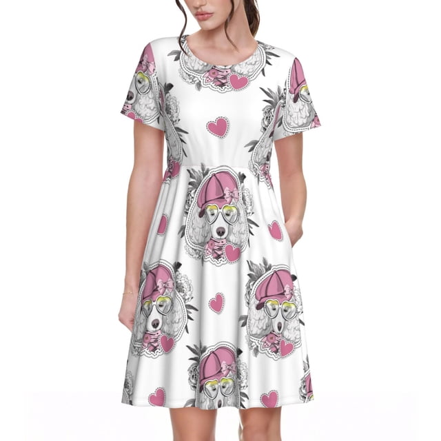 Disketp Cartoon Poodle Dog para Vestido de Manga Corta para Mujeres, Vestidos de Verano para Mujeres, Casual y Holgado para la Playa