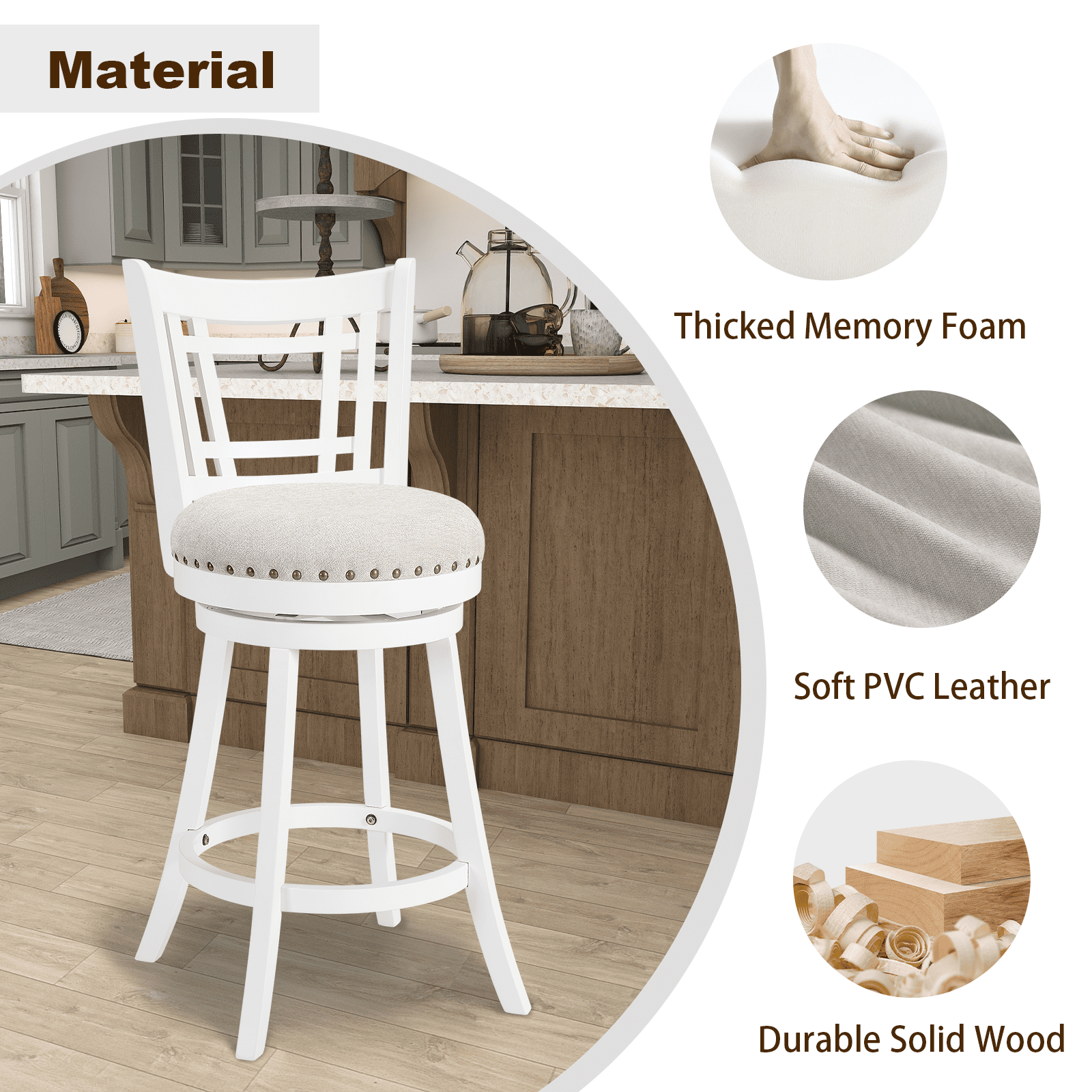 26 Inch Swivel Bar Stools Set of 2 Rotated Counter Height Barstool with High Back Fabric Upholstered Kitchen Island Stools Chair for Home Bar, Black